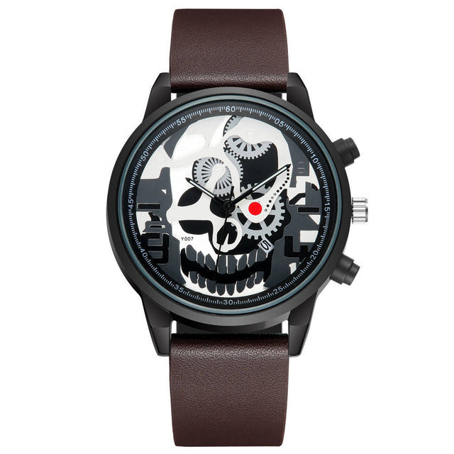 Sports leather wristwatch men gear dial creative skull head design