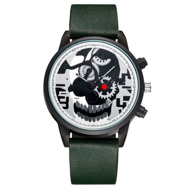 Sports leather wristwatch men gear dial creative skull head design