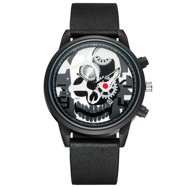 Sports leather wristwatch men gear dial creative skull head design