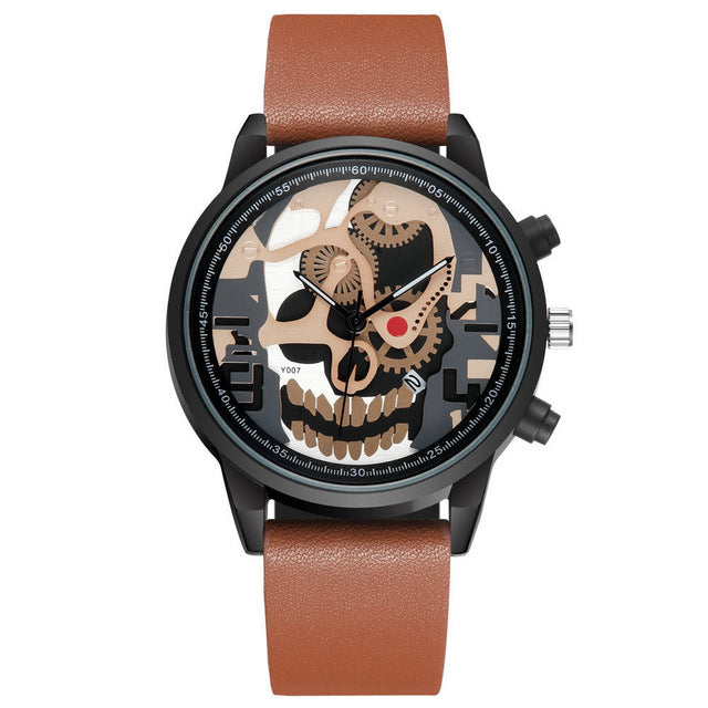 Sports leather wristwatch men gear dial creative skull head design