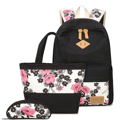 Vintage canvas bag backpack set school bags flower printing teens girl students