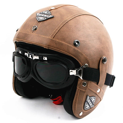 Vintage leather open face motorcycle helmets jet retro pilot helmet cruiser