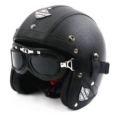Vintage leather open face motorcycle helmets jet retro pilot helmet cruiser
