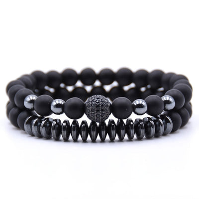 Natural stone bracelet matte black charm elastic rope beads hematite bracelet 2pcs