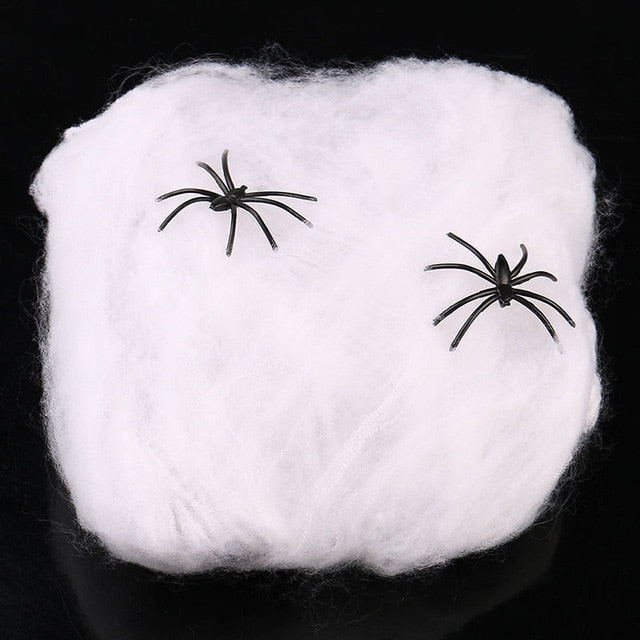 Halloween decor haunted house scary horror white stretchy cobweb spider party scene