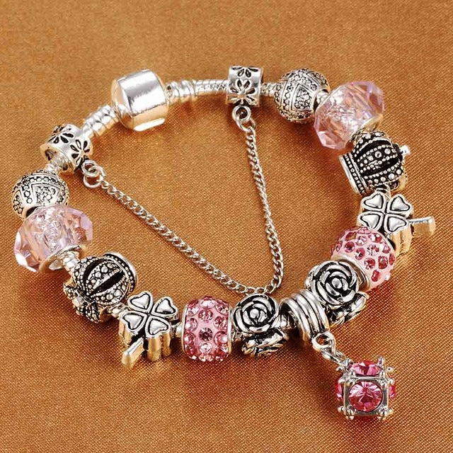 Vintage charm bracelet women silver plated DIY jewelry gift