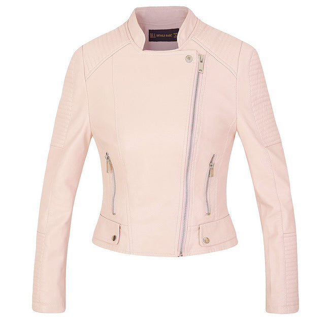 Lady biker jacket soft leather motorcycle coat black silver pink