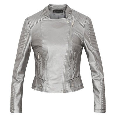Lady biker jacket soft leather motorcycle coat black silver pink