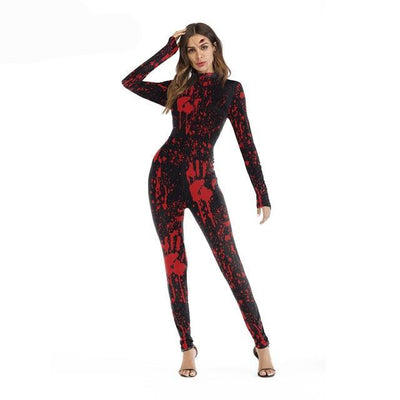 Sexy costume women halloween party jumpsuit catsuit scary bloody print back zipper
