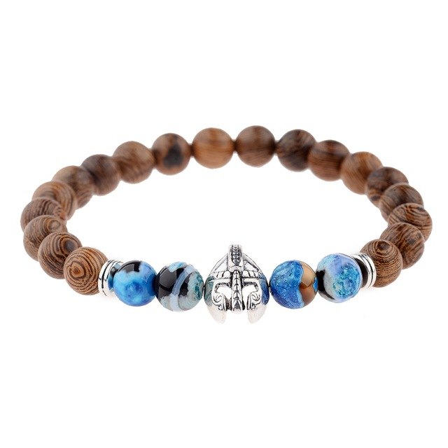 Natural wood beads bracelet bangles gold dragon spartan warrior helmet men jewelry