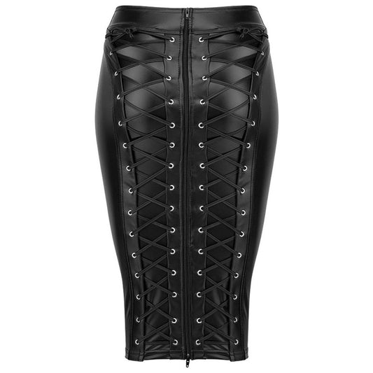 Sexy leather skirts women punk skirt black wrap pencil back zipper lace up