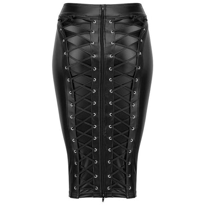 Sexy leather skirts women punk skirt black wrap pencil back zipper lace up