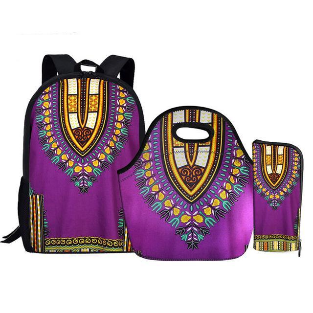 Vintage canvas backpack African traditional printed bags set school bag girls students 3pcs
