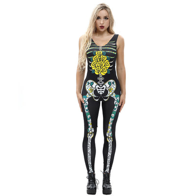 Sexy halloween fantastic scary costume women catsuit jumpsuit cosplay skeleton rose print