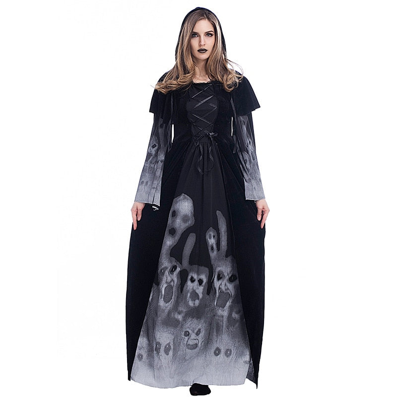 women halloween vampire costume scary black skeleton printed long dresses
