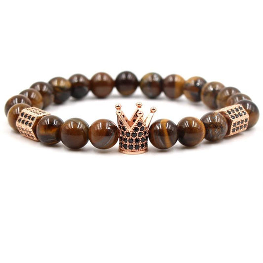 Charm natural stone bracelets zircon black brown crown matt onyx biker men 8mm