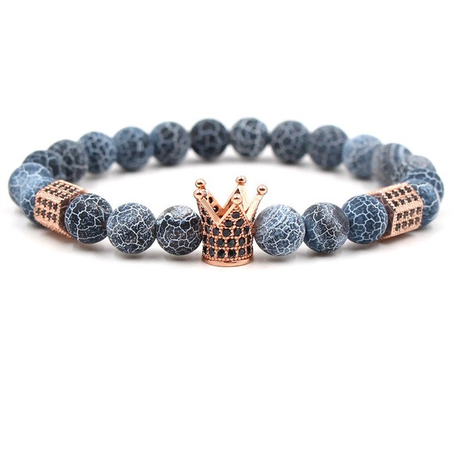 Charm natural stone bracelets zircon black brown crown matt onyx biker men 8mm