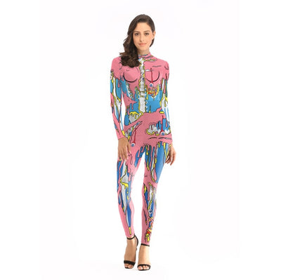 Sexy halloween scary costume woman catsuit blue pink bodysuit eye skeleton terrible party