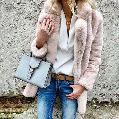 Women winter coat elegant pink faux fur overcoat soft warm casual jacket