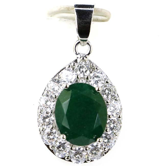Pendant 925 silver jewelry drop shape real green emerald white CZ lady wedding gifts 31x16mm