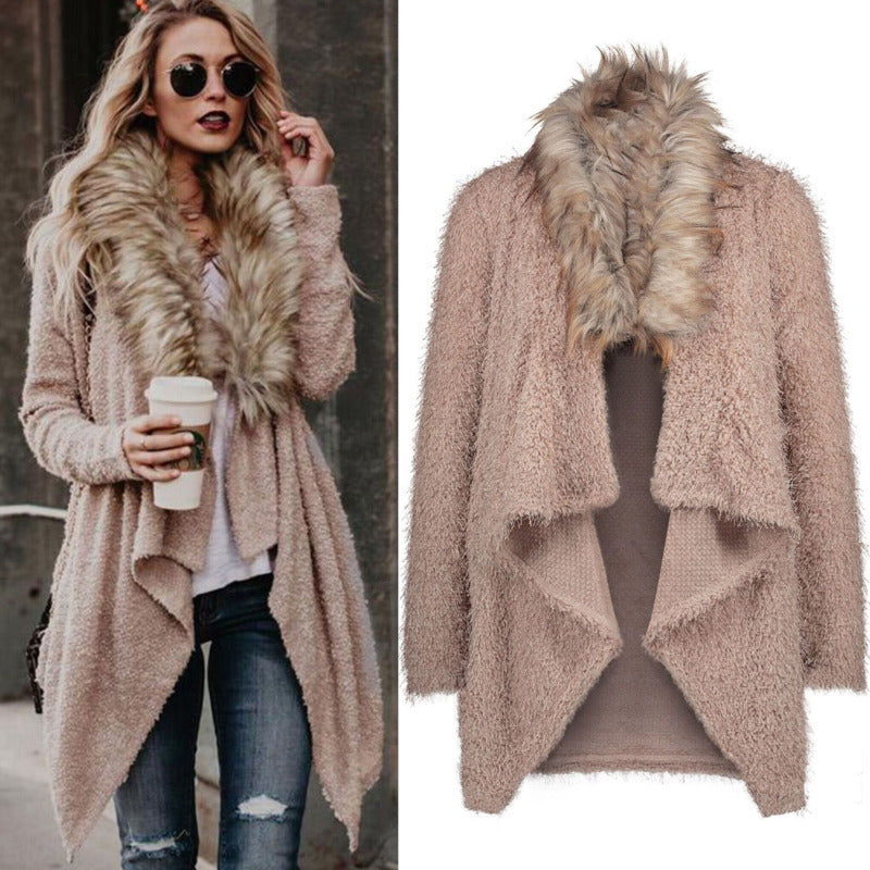 Women long cardigan coat collar faux fur Jacket winter autumn oversize