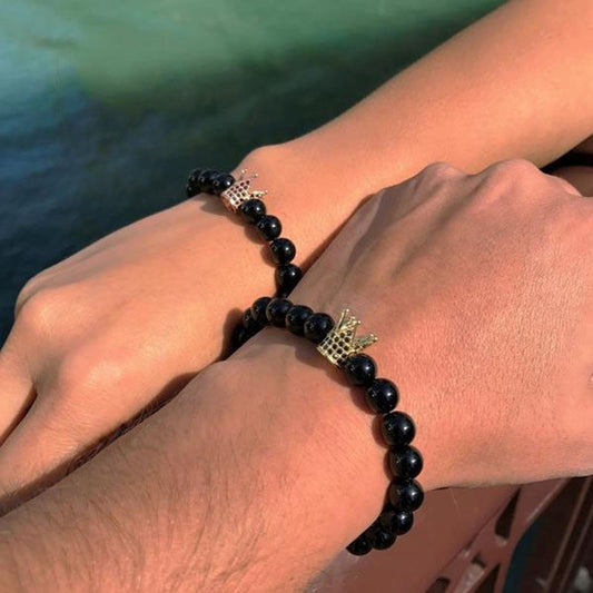 Men women stone beads bracelet charm bangles crown love jewelry gift