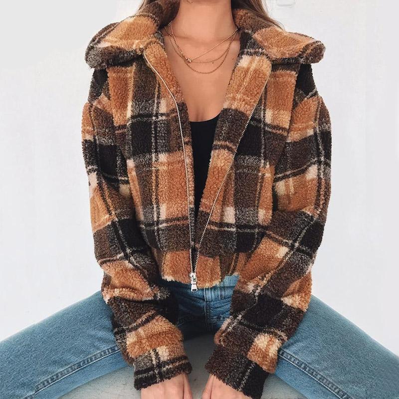 Winter coat women teddy bear overcoat warm faux fur jacket brown plaid