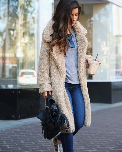Women long cardigan coat faux fur teddy jacket winter outwear warm soft elegant
