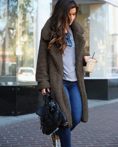 Women long cardigan coat faux fur teddy jacket winter outwear warm soft elegant